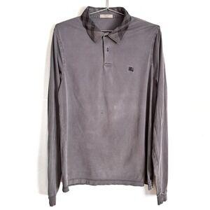 Burberry London Large Men's Gray Long Sleeve Polo Shirt Checkered Trim Pre-Owned